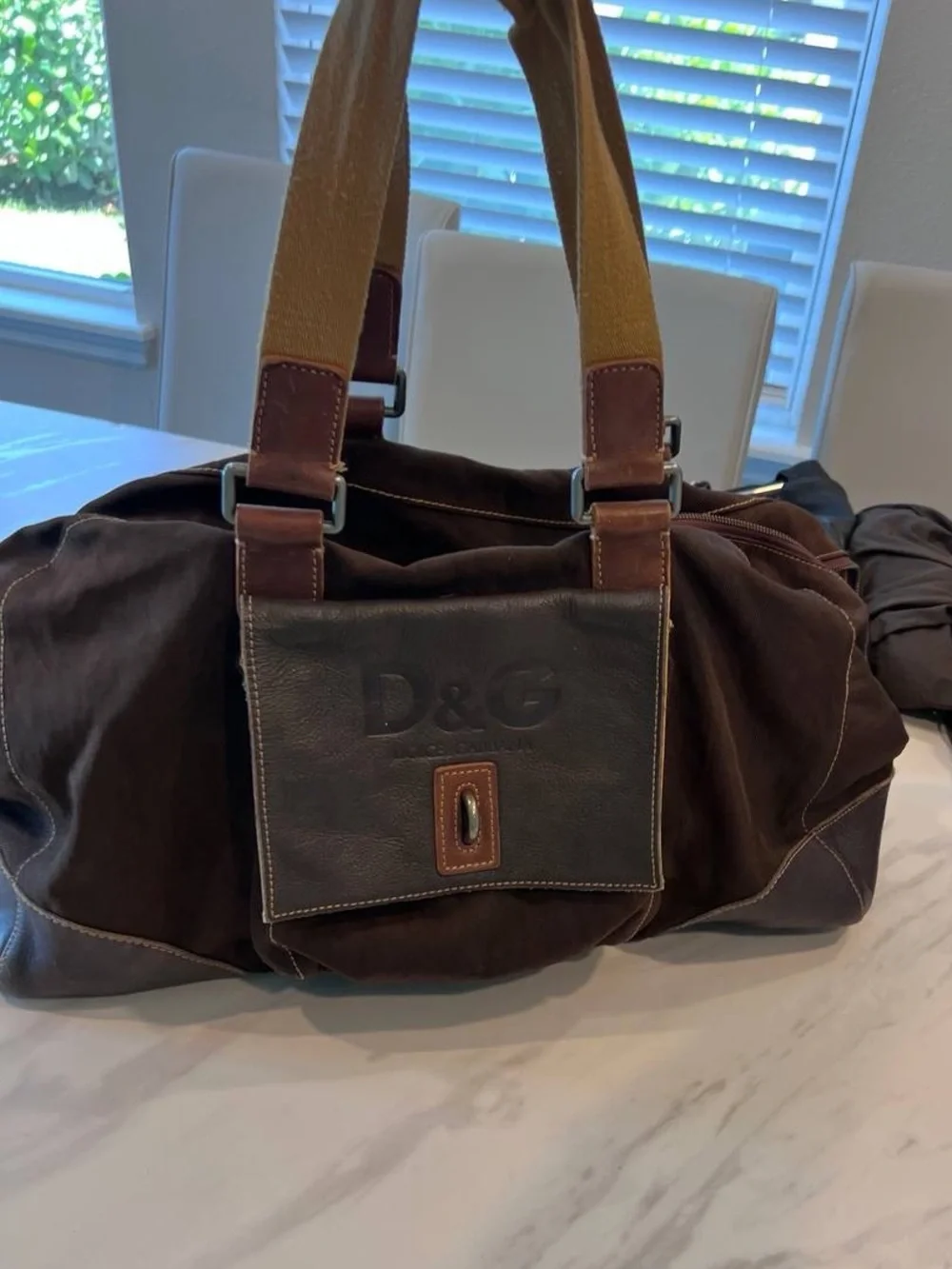 D&G Brown Canvas & Leather Contrast Duffel with Tan Webbing Handles